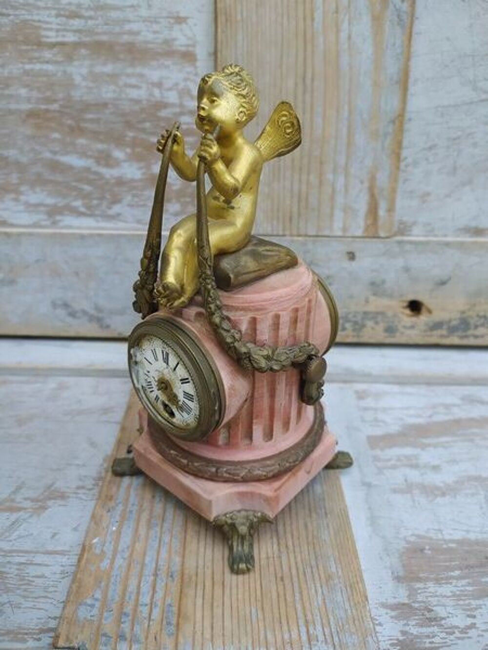 Pendule Marbre et Bronze Angelot Ch&eacute;rubin Papillon XIX&egrave;me 