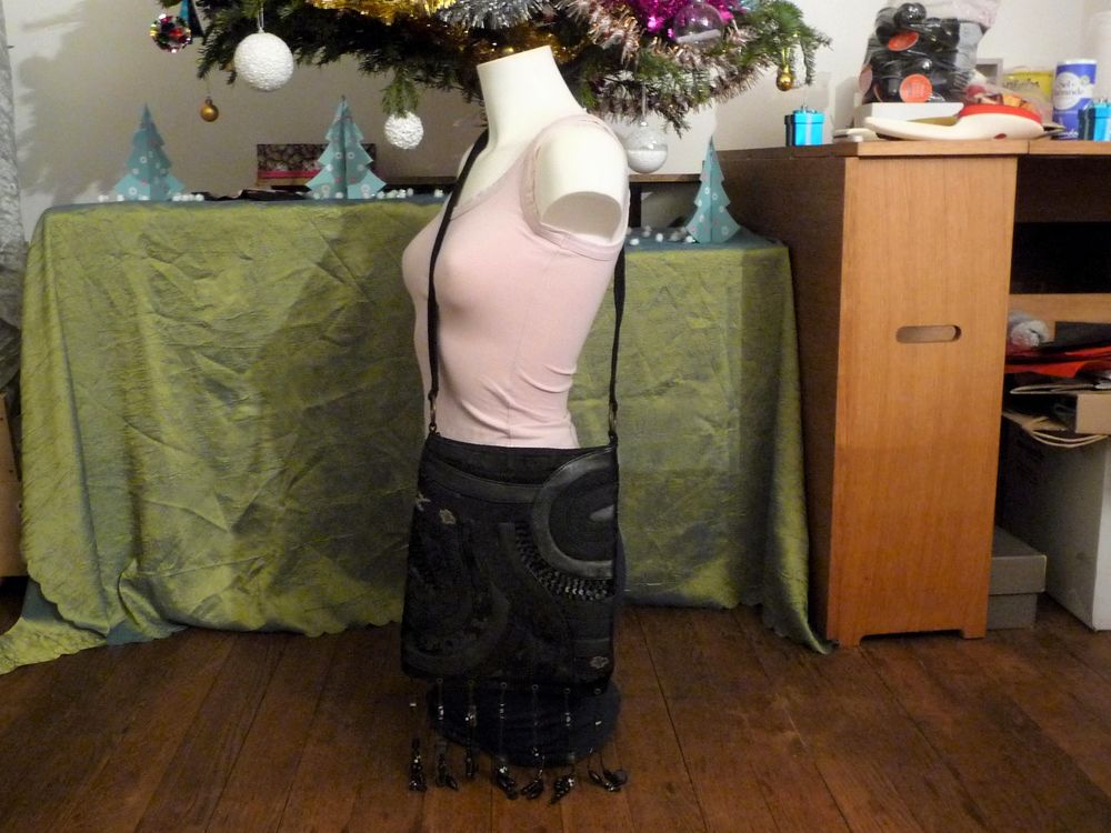 Sac &agrave; Main en Cuir et Tissu Noir &agrave; Bandouli&egrave;re- Ralph Kemp Maroquinerie