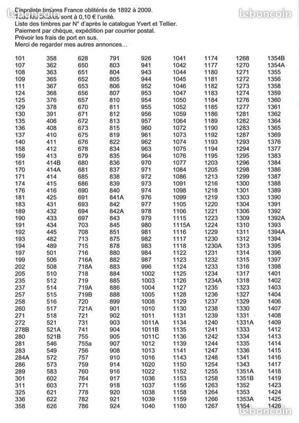 Dispoliste timbres France oblit&eacute;r&eacute;s de 1892 &agrave; 2009
