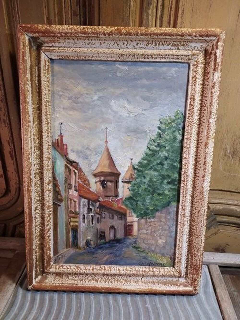 Ancien Tableau Paysage Rue de Langogne Loz&egrave;re 
