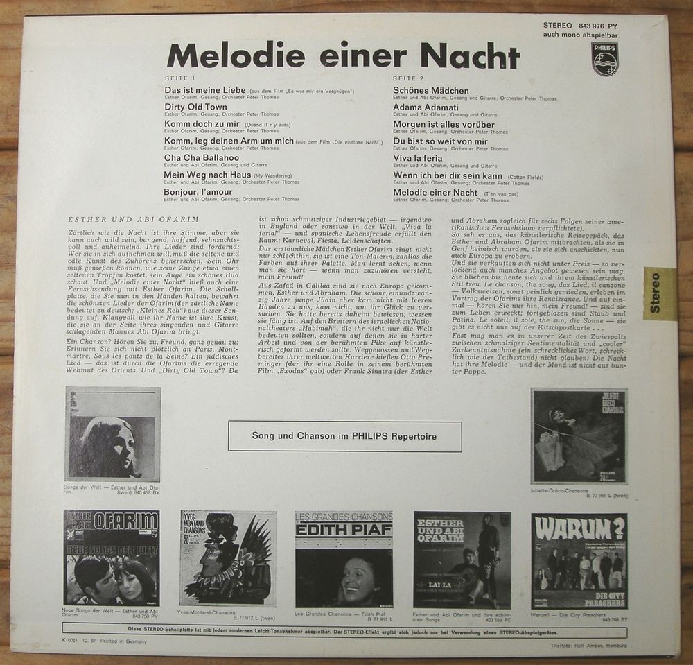 ESTHER OFARIM + ABI -33t- MELODIE EINER NACHT-Press All.GEMA CD et vinyles
