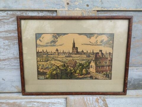 Tableau Gravure sur Bois Vieux Strasbourg Henri Bacher 
80 Loches (37)