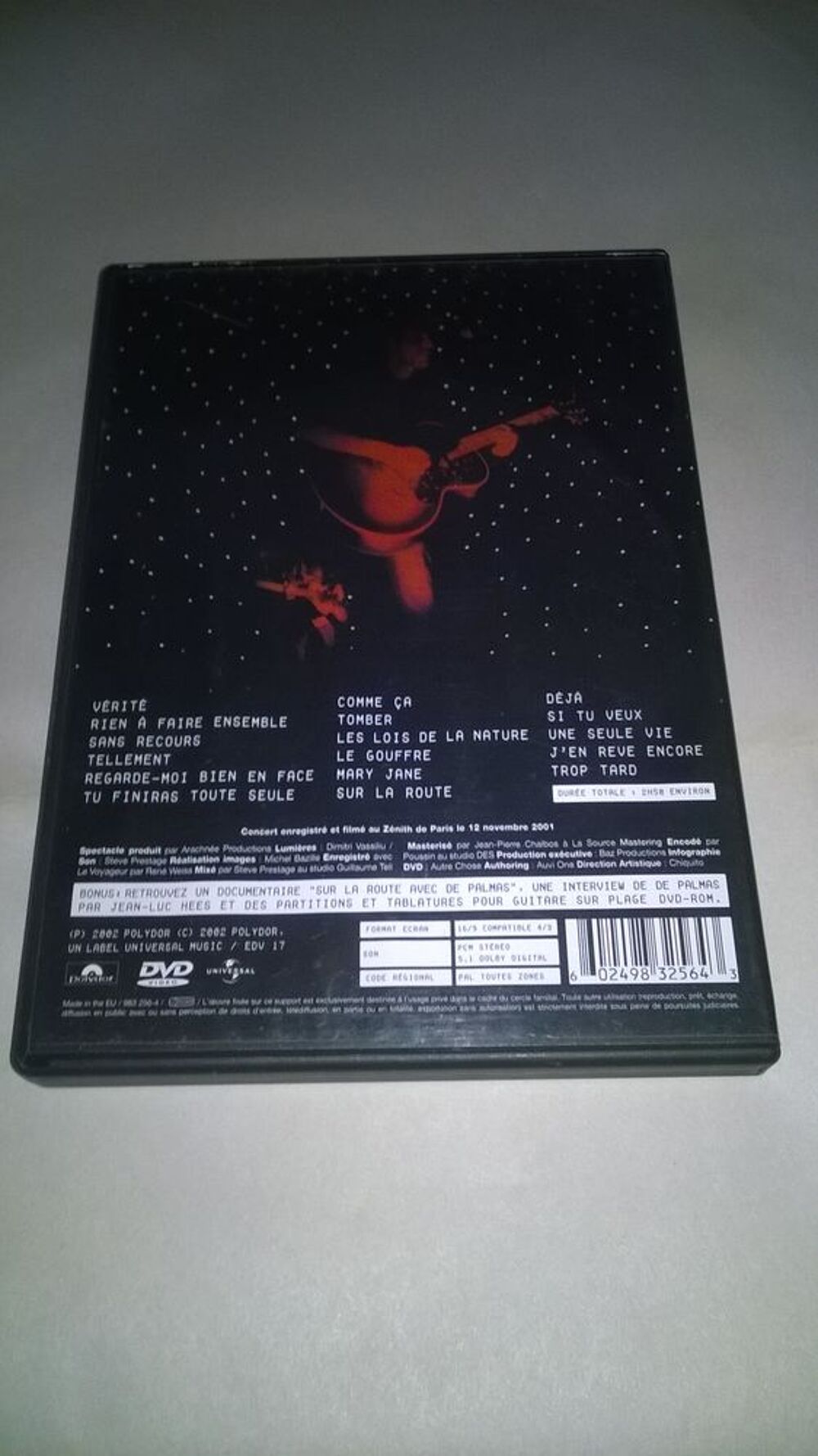 DVD G&eacute;rald De Palmas
Live 2002
2002
Excellent etat
DVD et blu-ray