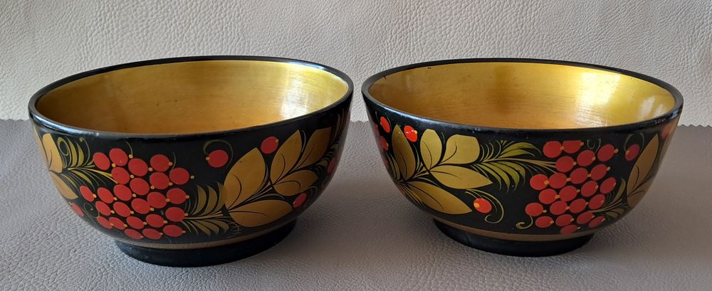 lot de 3 bols et cuill&egrave;res en bois laqu&eacute; et peint Khokhloma Décoration