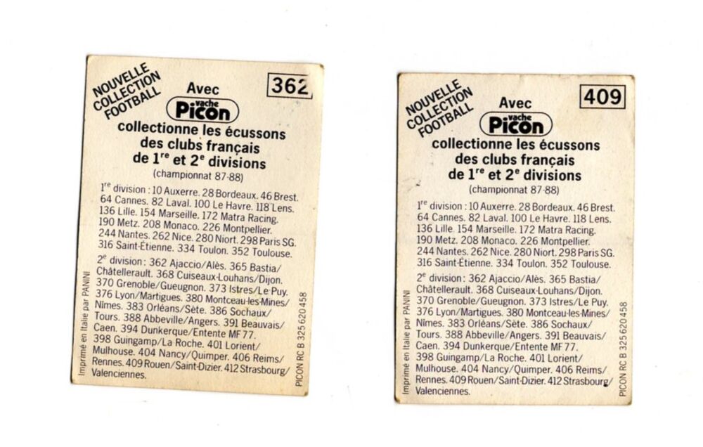 4 vignettes FOOTBALL 1988 - Vache PICON - Ecussons des Clubs 