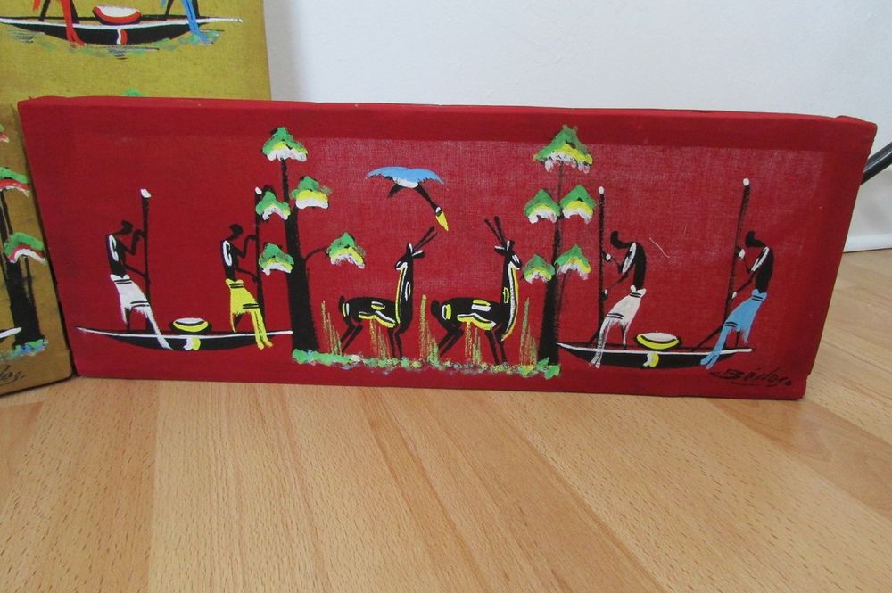 4 cadres color&eacute;s, Folk Art Gouache, th&egrave;me Afrique, sign&eacute;s Décoration