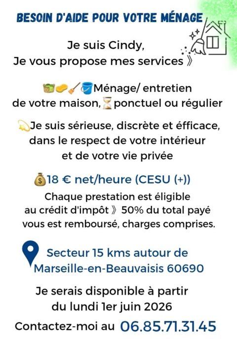 Besoin d'aide pour votre m&eacute;nage ! 0 60690 Marseille-en-beauvaisis
