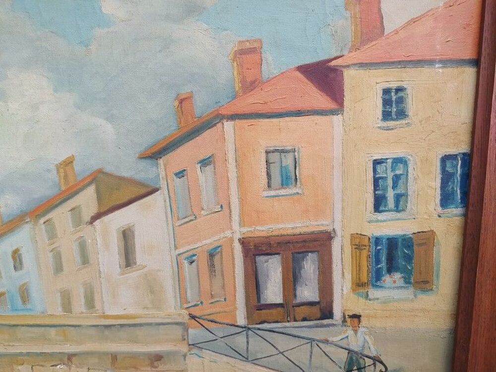 Tableau Ville &agrave; Situer Pont et P&ecirc;cheurs Sign&eacute; M. DAVID 1933 