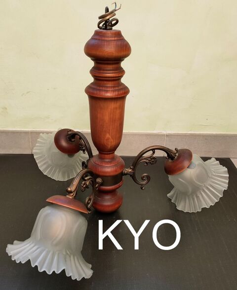 Lustre suspension 3 branches, Valois Tosel, bois verre m�tal 10 Foncine-le-Haut (39)