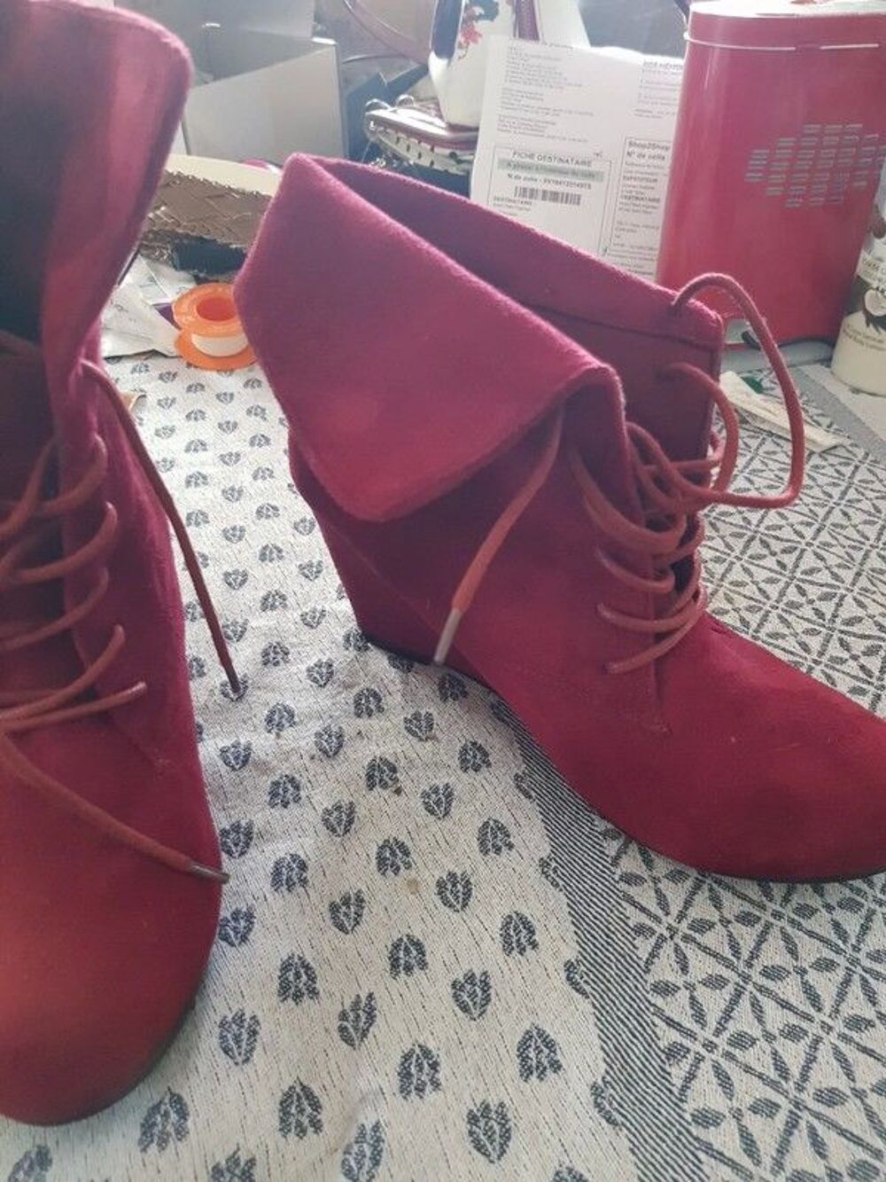 Bottines rouge &agrave; lacets talons compens&eacute;s neuve marque women Chaussures