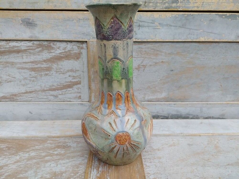 Vase C&eacute;ramique &Eacute;maill&eacute;e D&eacute;cor Moulin Oiseau Style Vallauris Décoration
