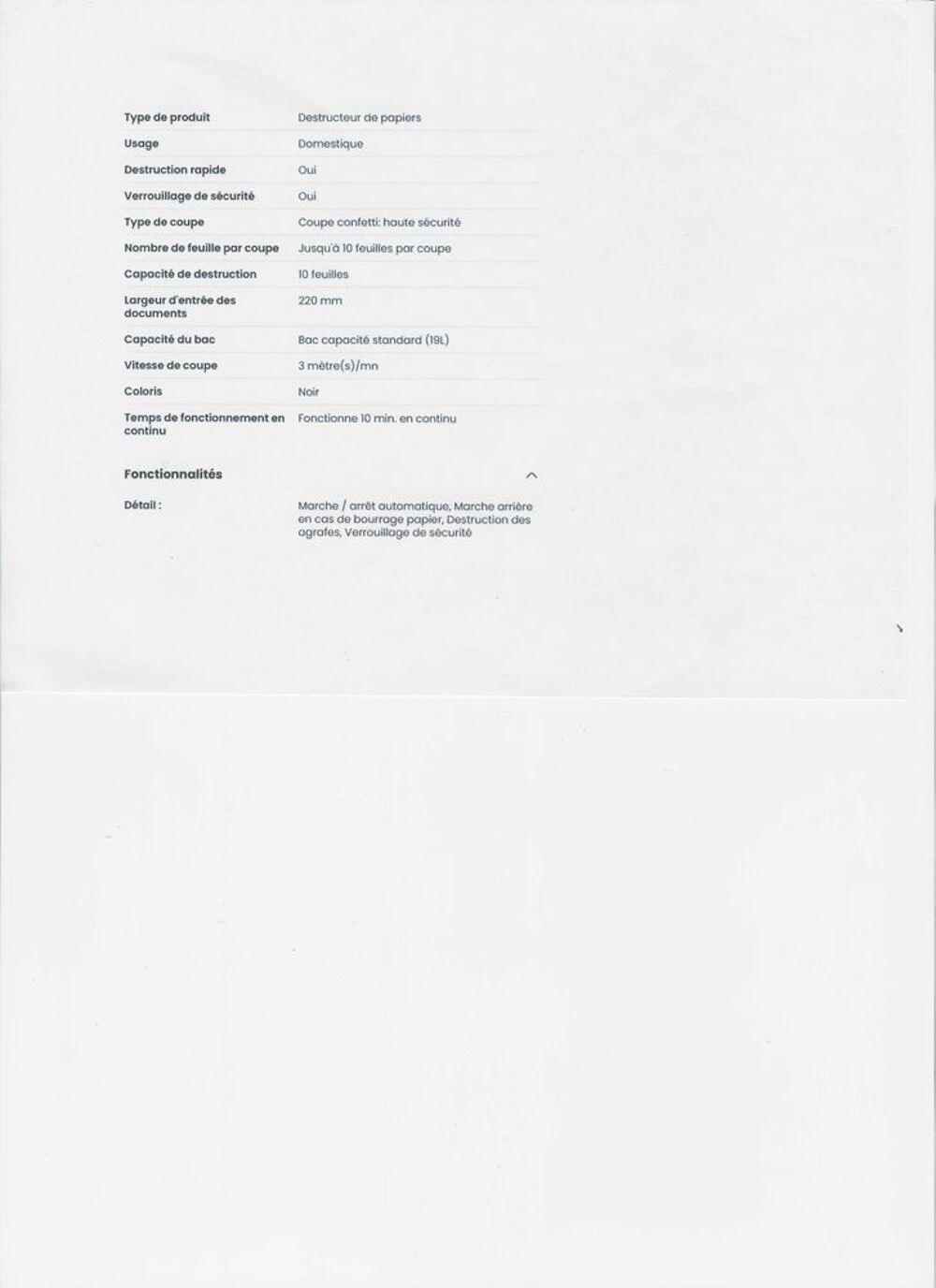 DESTRUCTEUR DE DOCUMENTS Matériel informatique