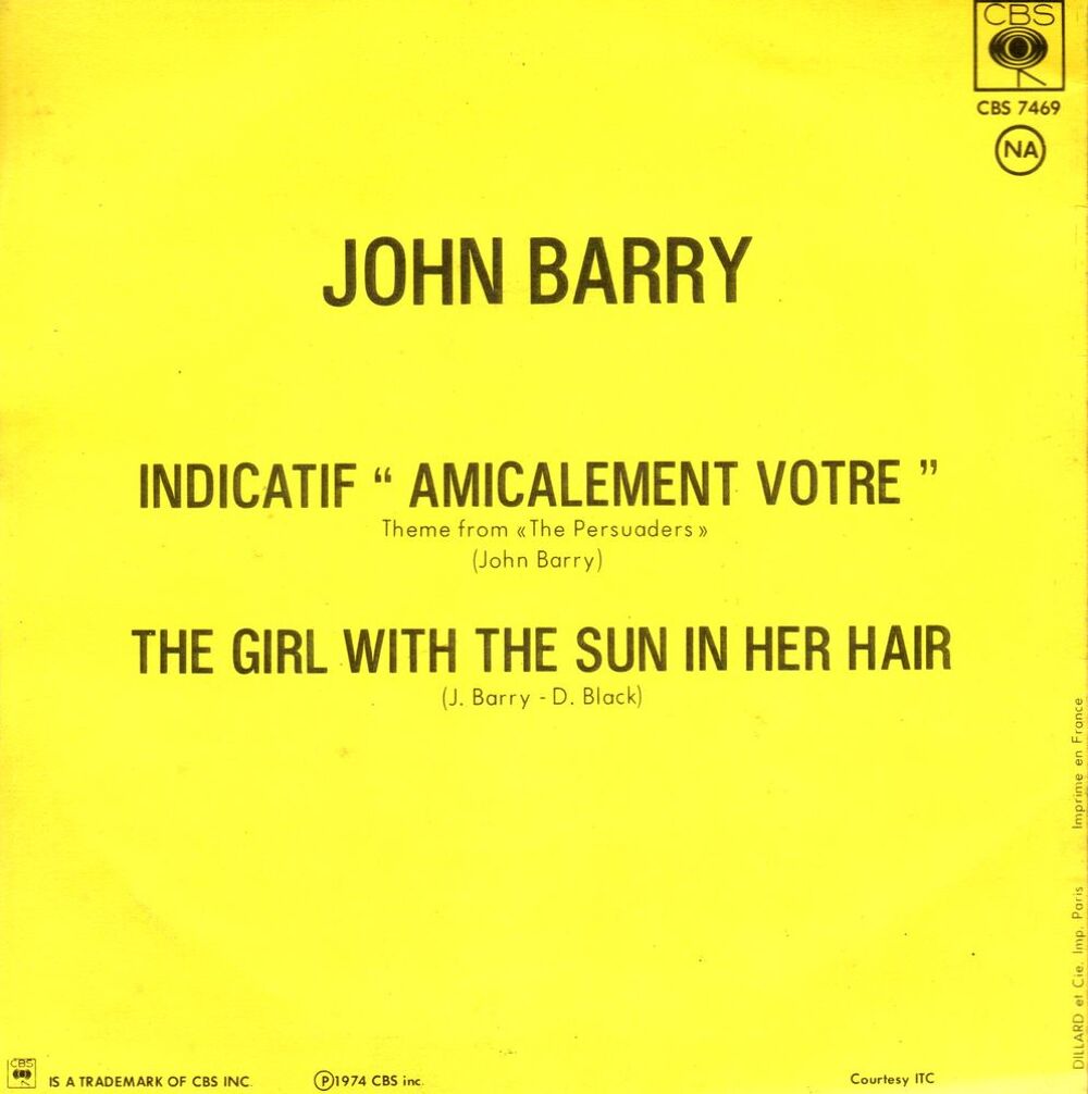 vinyl 45 tours - 2 titres John BARRY - amicalement v&ocirc;tre CD et vinyles