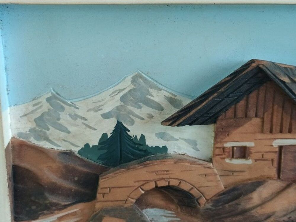 Tableau Chalet Bois Sculpt&eacute; Art Populaire Montagne 1950 Décoration