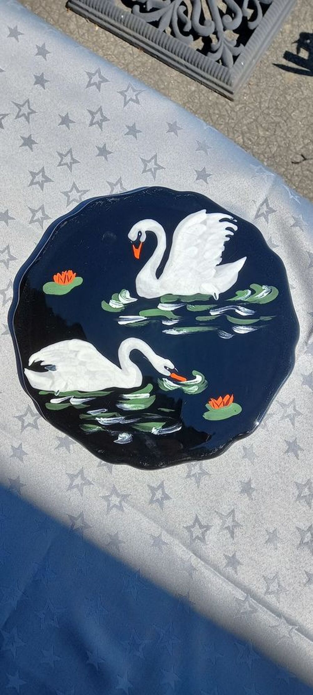 Dessous de plat &Eacute;maux de LONGWY France vintage d&eacute;cor cygnes Décoration