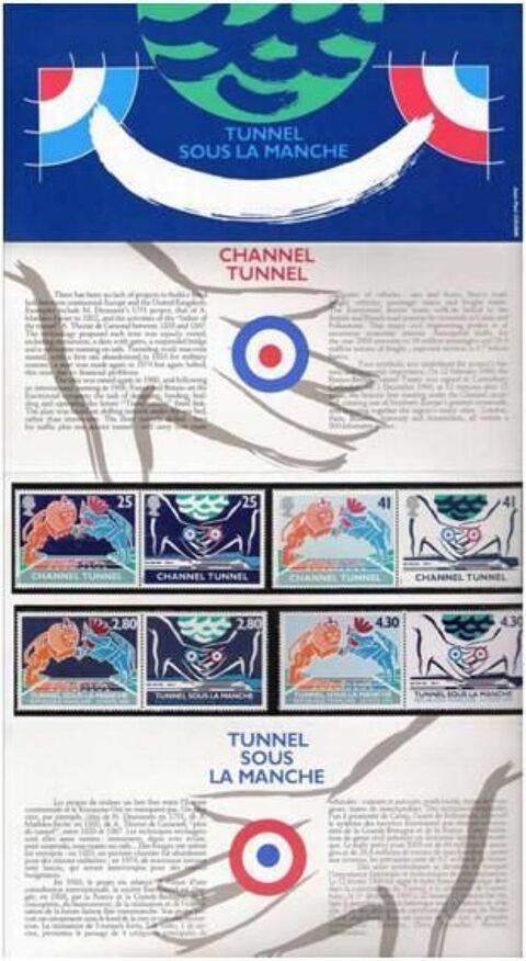 Pochette 8 timbres Inauguration du Tunnel sous la Manche 8 La Celle-sur-Morin (77)