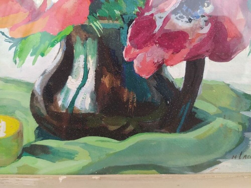 Tableau Nature Morte aux Coquelicots Gouache sign&eacute; M.Lacombe Décoration