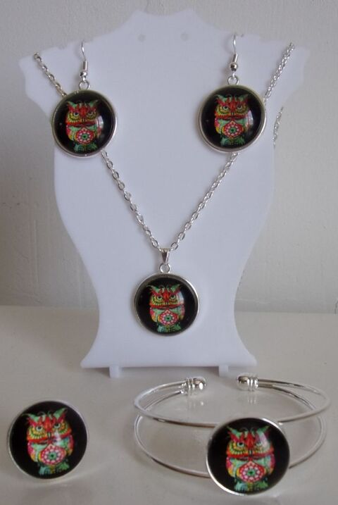 Parure Argente 4 pices cabochon 2cm  Hibou  1 5 Lennon (29)