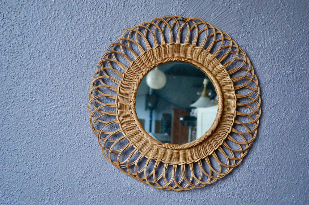 Miroir rond en rotin vintage et boh&egrave;me style Fran&ccedil;ais Meubles