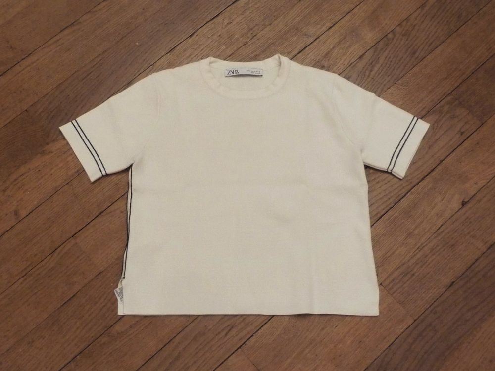 Top/ Pull Court Blanc &agrave; 2 Bandes Marine- Taille S- Zara Vêtements