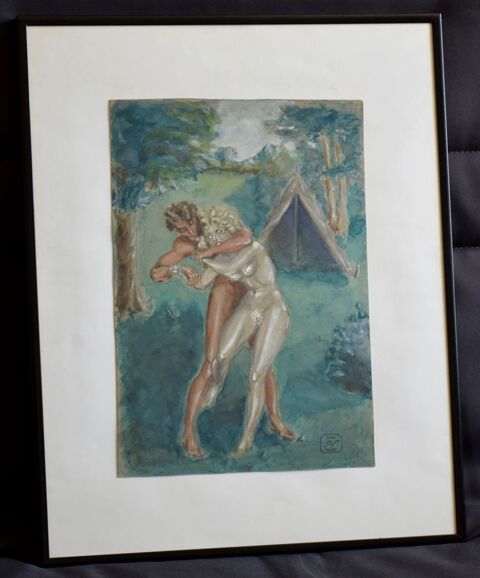 -Aquarelle Henry Villet - L' Etreinte - Cachet - 35 x 24 cm. 30 Roissy-en-Brie (77)
