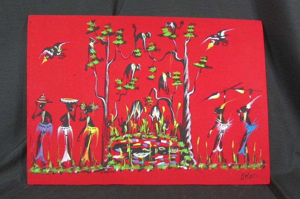 ANCIENNE PEINTURE AFRICAINE ANNEES 1950 / FOND NOIR Décoration