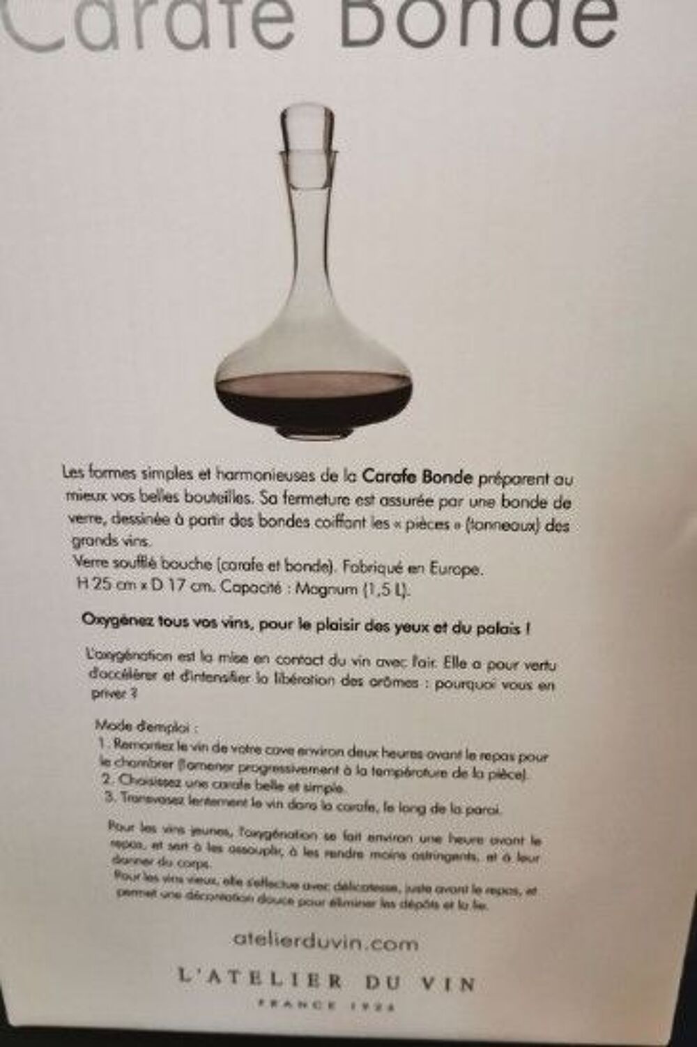 Carafe &agrave; d&eacute;canter l atelier du vin 1,50 L Décoration