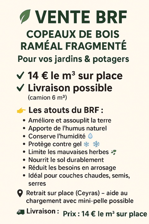 copeaux de bois BRF plantations et jardins 14 € m3 Saint-Félix-de-Lodez (34)