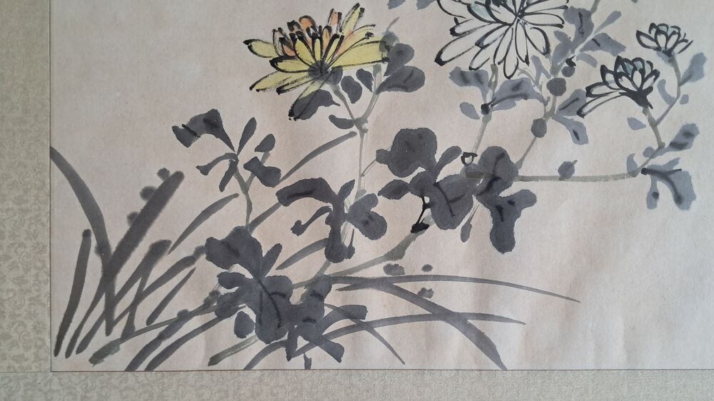 dessin floral et calligraphie chinoise encre et couleur 
Décoration