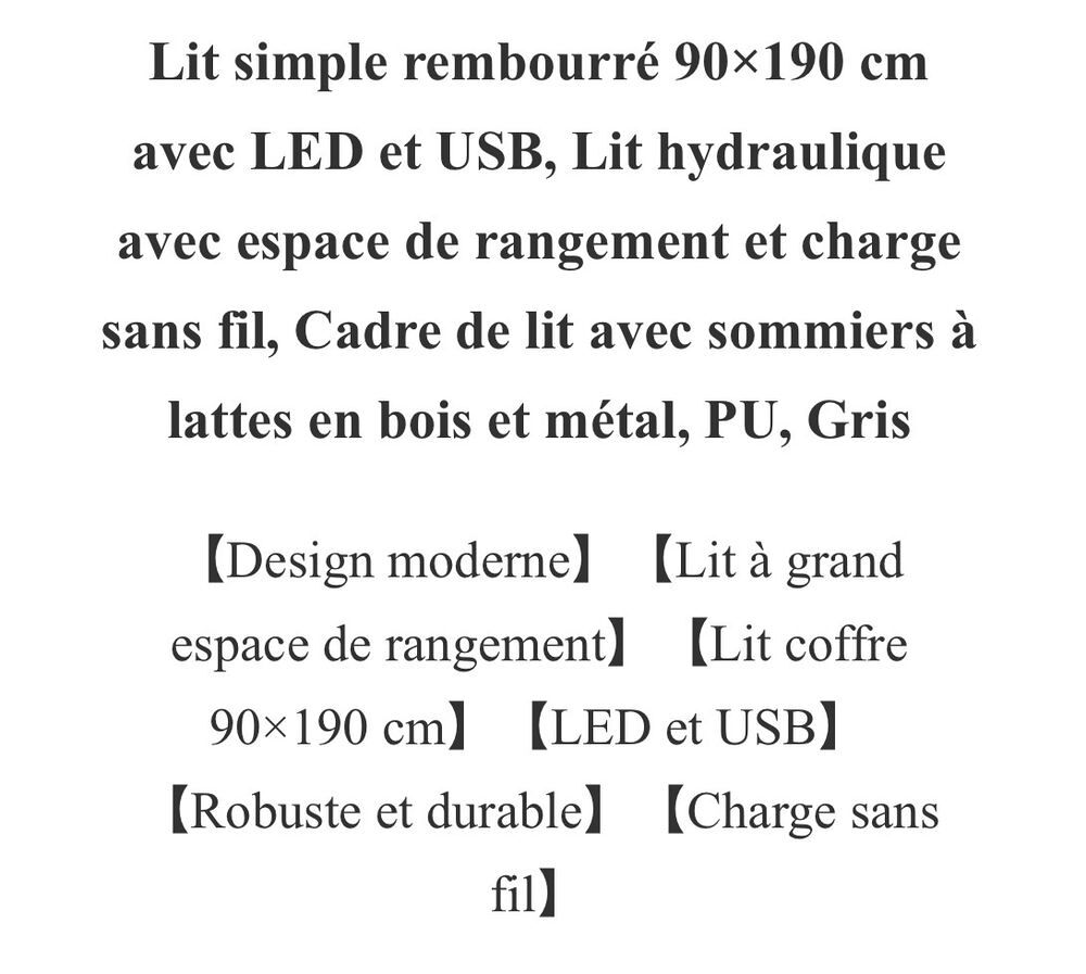 Lit coffre 1 place 90x190 avec LED et USB ? Bon &eacute;tat Meubles