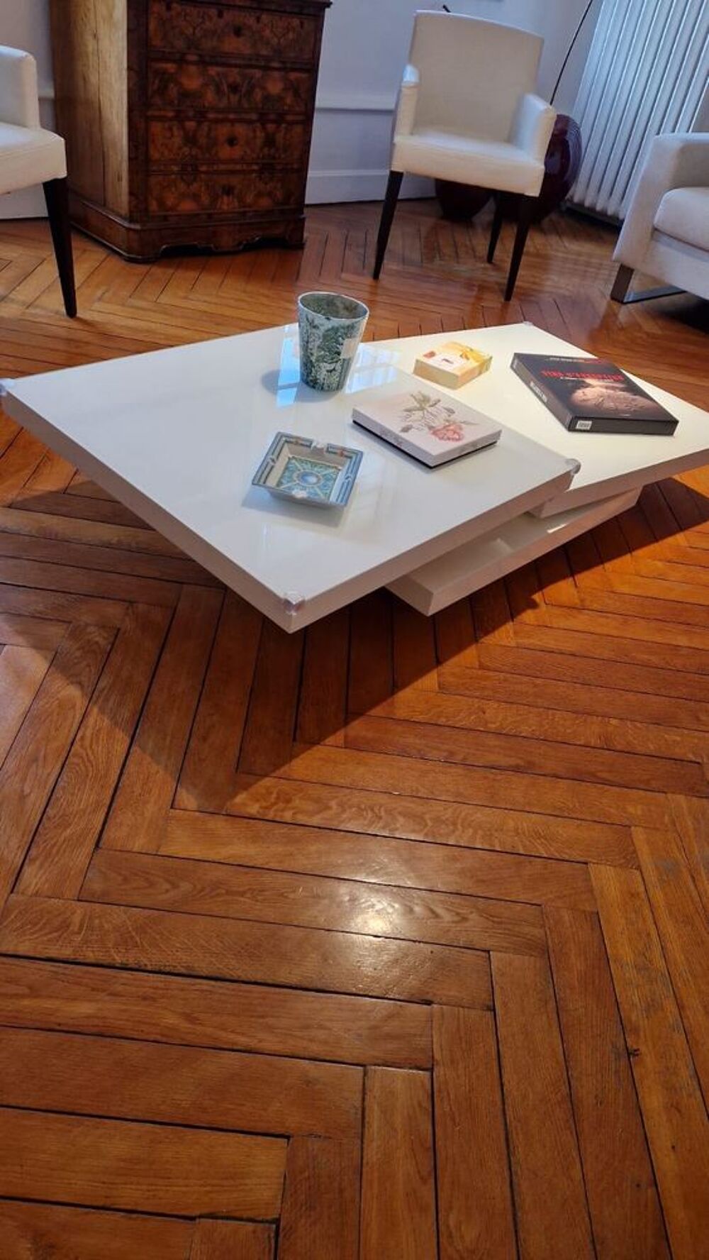 Table basse de salon en bois laqu&eacute; blanc Meubles