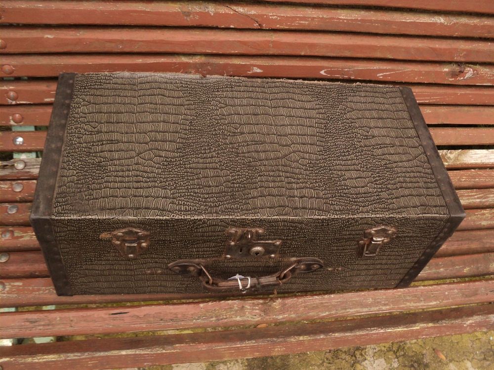 Ancienne Petite Valise Bois Toile Peau de Reptile Meubles