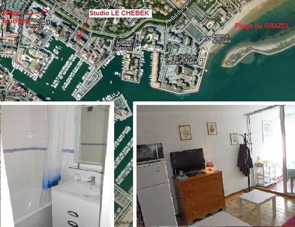   Grand Studio 500m Mer-Clim-Wifi-Parking-27m2-Centre Station Languedoc-Roussillon, Gruissan (11430)