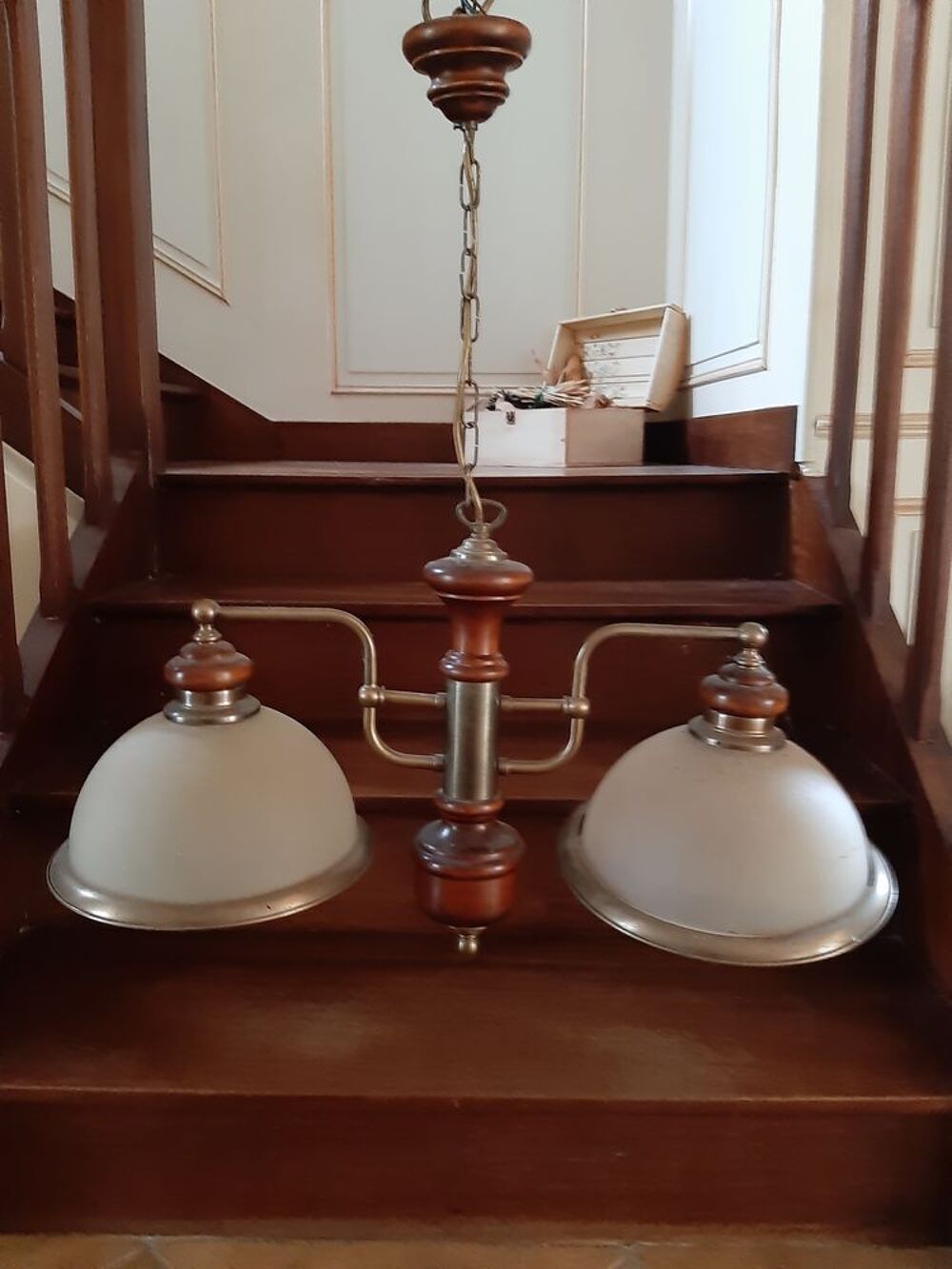 Lustre Bois Laiton 2 Lumi&egrave;res Décoration
