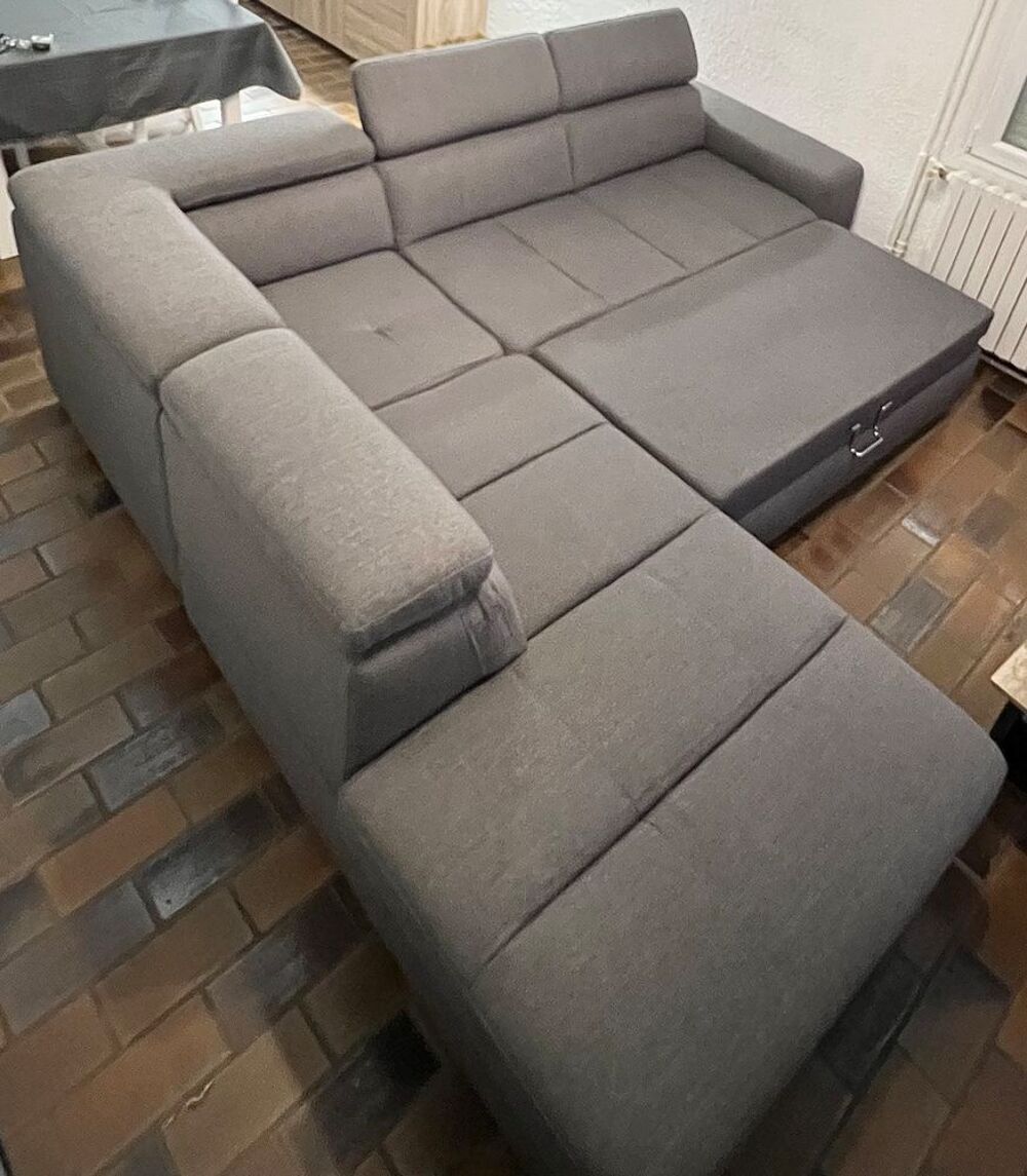 Canap&eacute; d'angle panoramique convertible en tissu gris Meubles