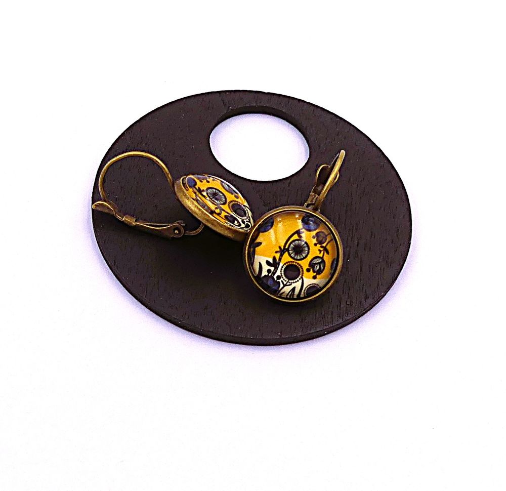 Boucles d'oreilles cabochons en verre, m&eacute;tal bronze Bijoux et montres