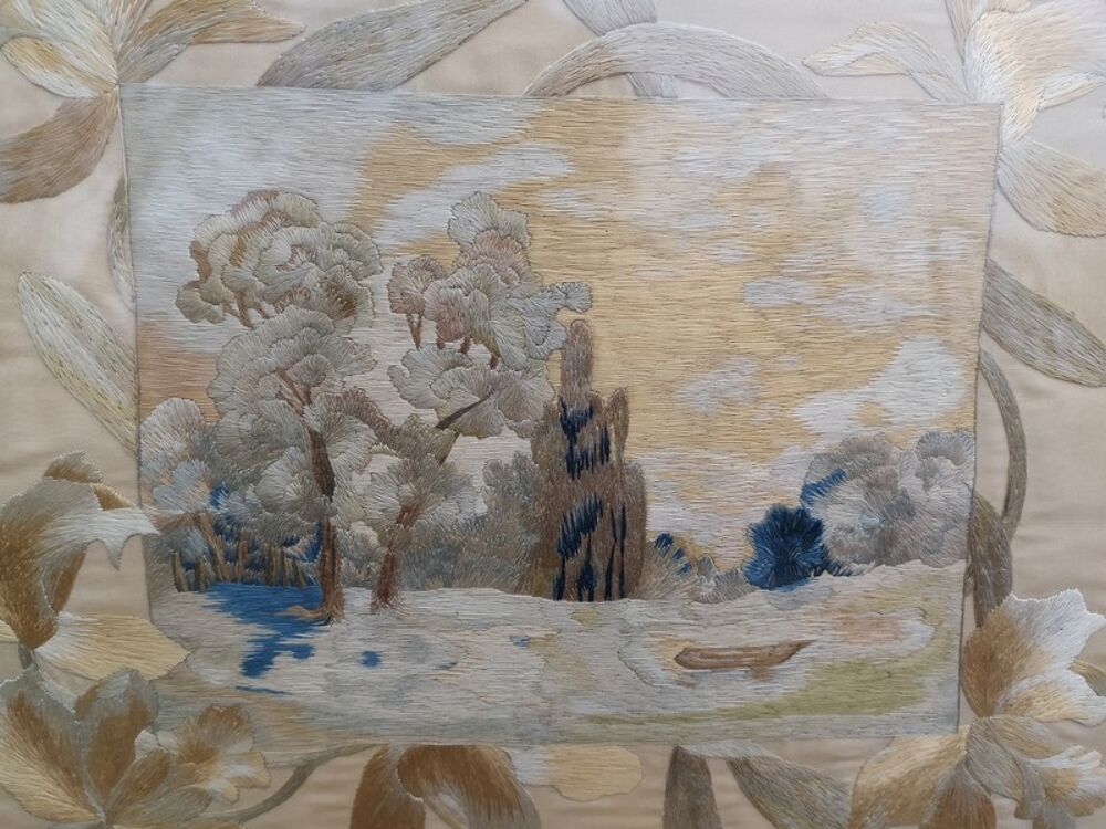Tableau Paysage Lacustre Broderie sur Soie 1905 Cadre 