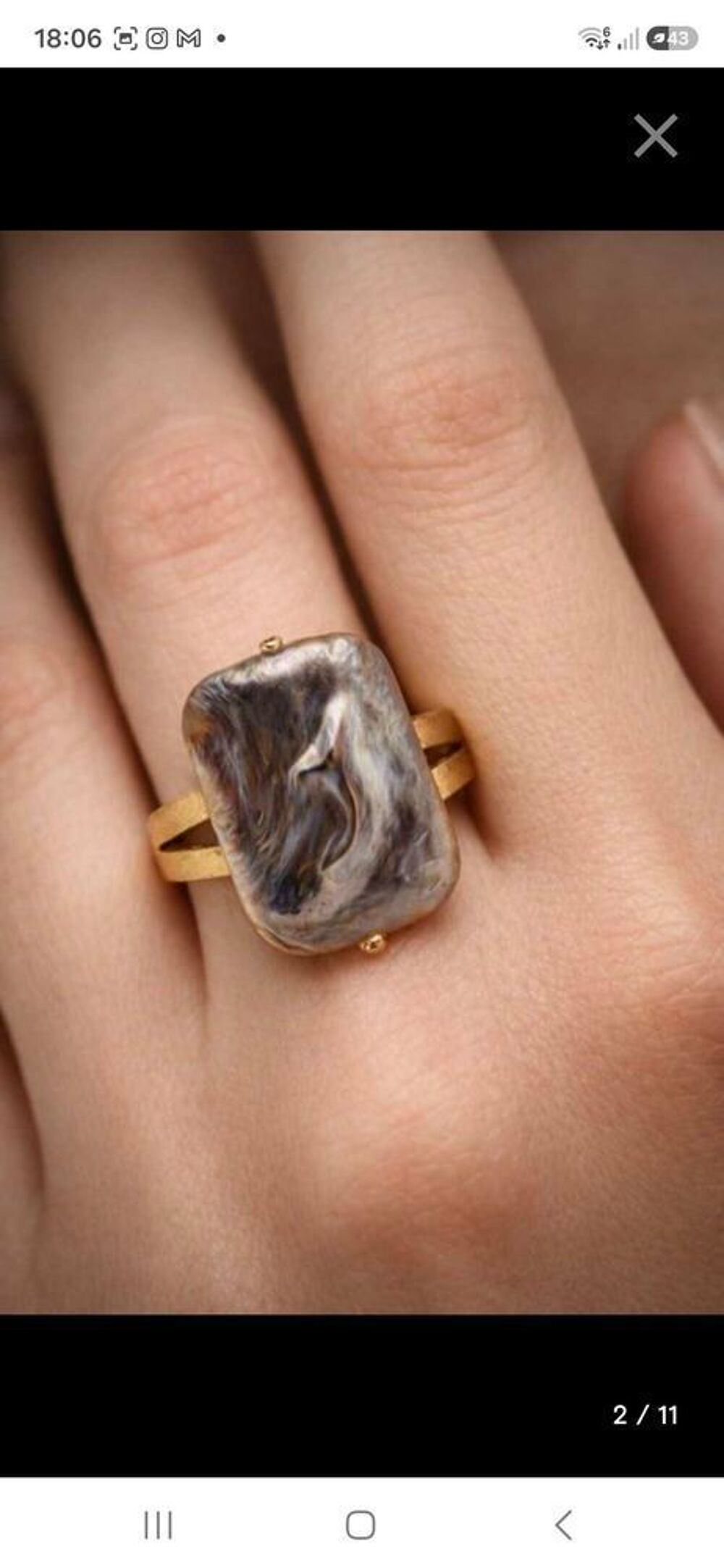 bague baroque perle et argent sterling 925 plaqu&eacute; or 21k Bijoux et montres