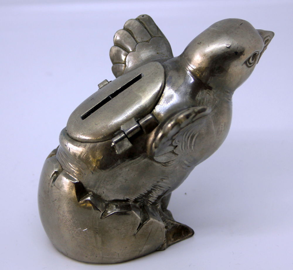 Tirelire ART DECO m&eacute;tal chrom&eacute; poussin 