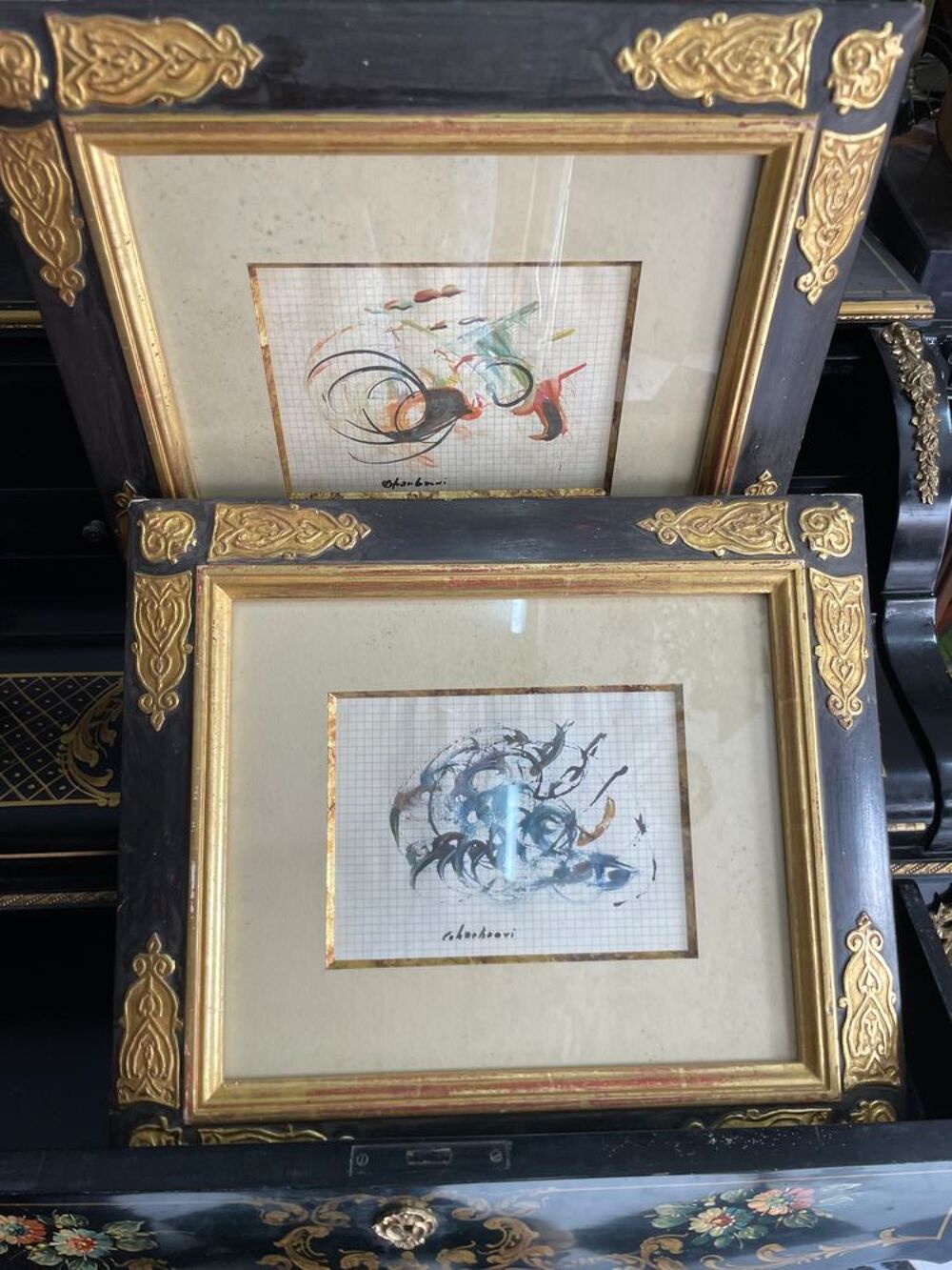 Lot de deux tableaux peinture abstraite cadres dor&eacute;s Décoration