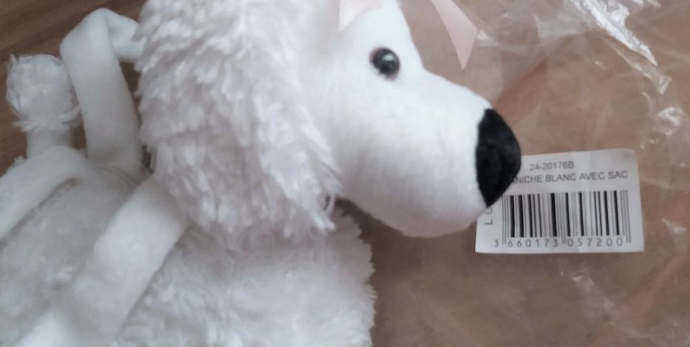 peluche chien caniche blanc forme sac Doux neuf - H 26cm Jeux / jouets
