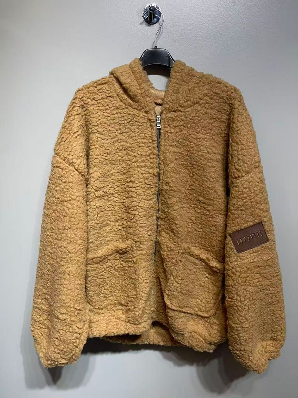 Veste teddy camel &agrave; capuche zip oversize Vêtements