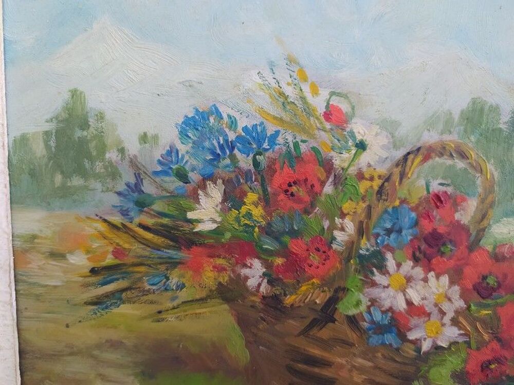 Ancien Tableau Bouquet de Fleurs Printani&egrave;res Sign&eacute;
