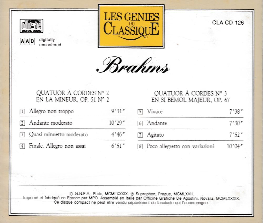 CD Brahms Quatuor &Agrave; Cordes N&deg;2, Quatuor Cordes N&deg;3, Jan&aacute;?ek CD et vinyles