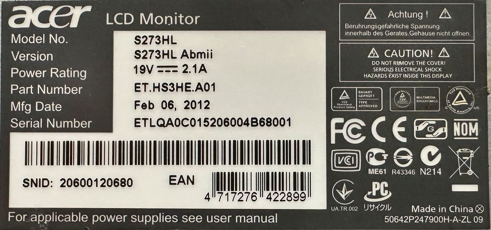 Acer S273HL Ecran LED 27" Matériel informatique