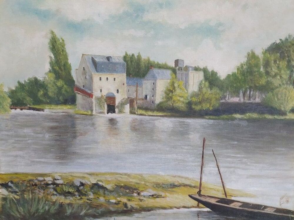 Ancien Tableau Moulin Artannes sur Indre Sign&eacute; et dat&eacute; 1954. Décoration