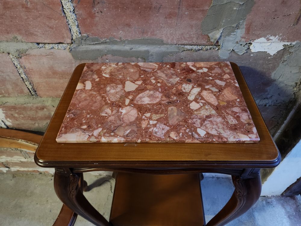 Lot gueridon et sa table basse ch&ecirc;ne massif et marbre rose Meubles