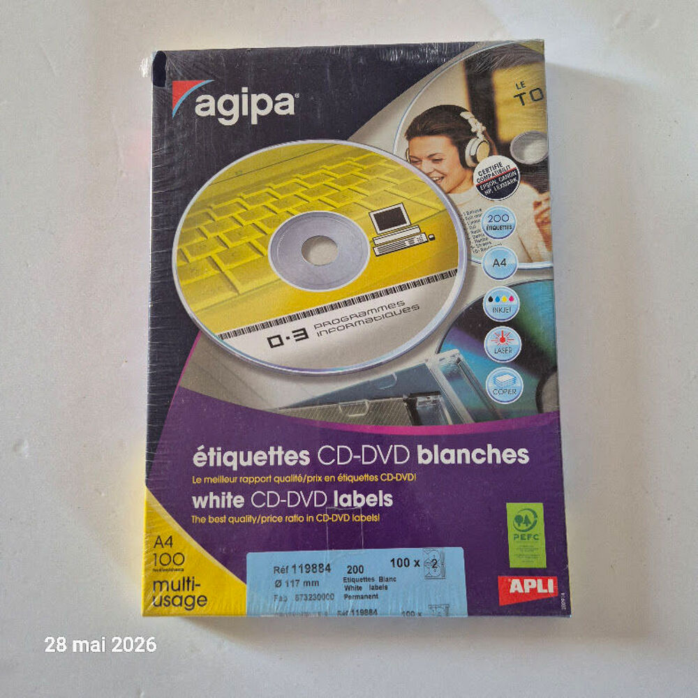 Boite de 100 feuilles d'&eacute;tiquettes Cd DVD Blanches , soit 20 DVD et blu-ray