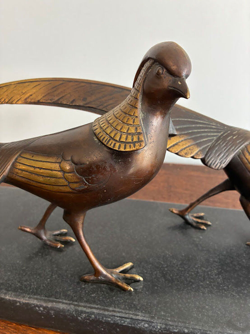 Sculpture en Bronze 2 faisans dor&eacute;s Art D&eacute;co Lorino Décoration