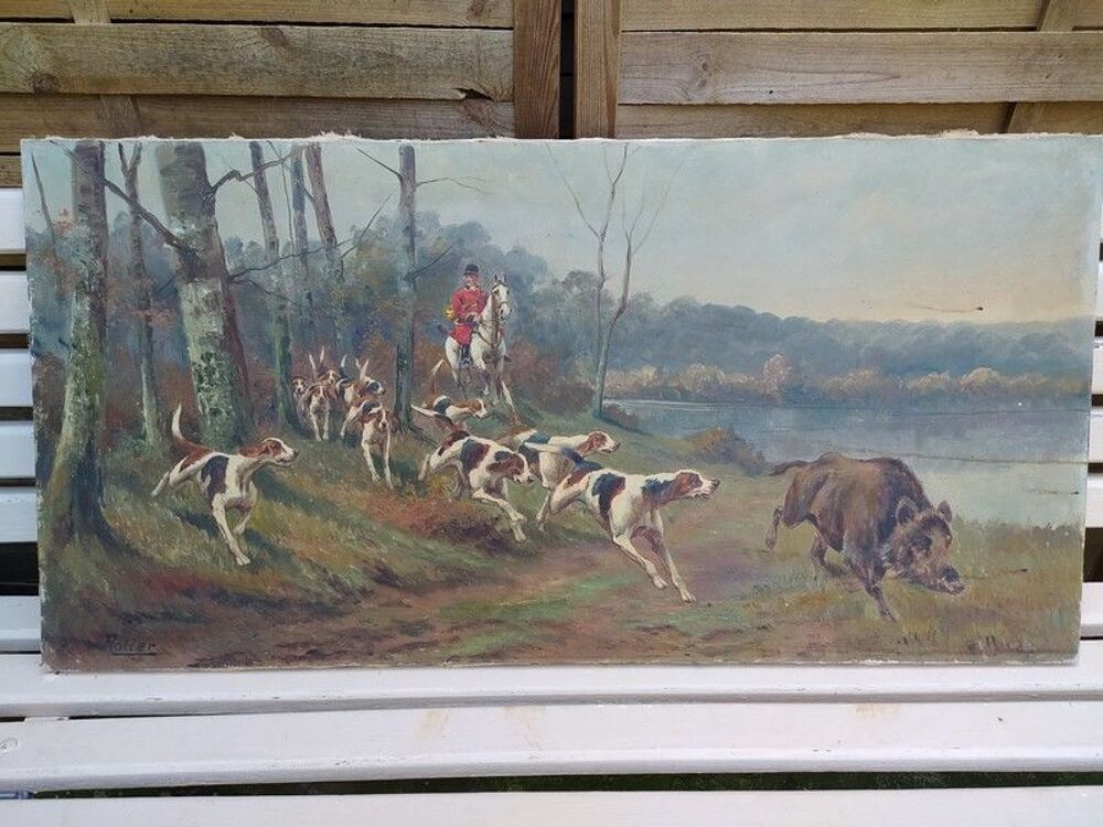 Tableau Chasse &agrave; Courre Sanglier Sign&eacute; Rolier Décoration